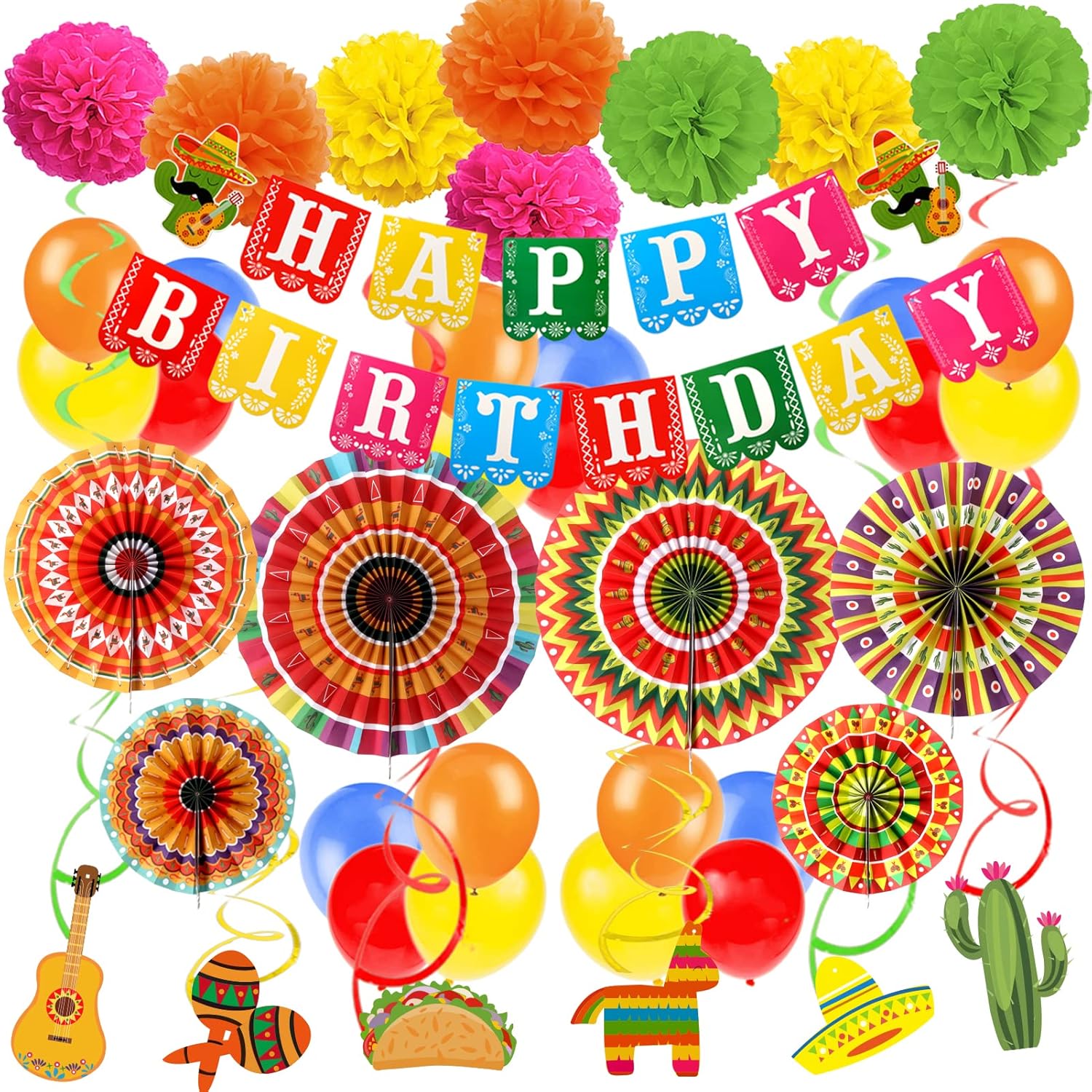 Fiesta Birthday Decor Set with Balloons and Pompoms