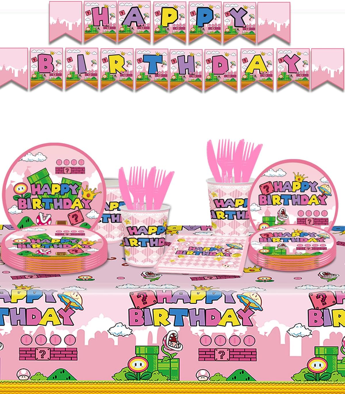 122Pcs Super Bros Peach Party Tableware Kit for 20 Guests