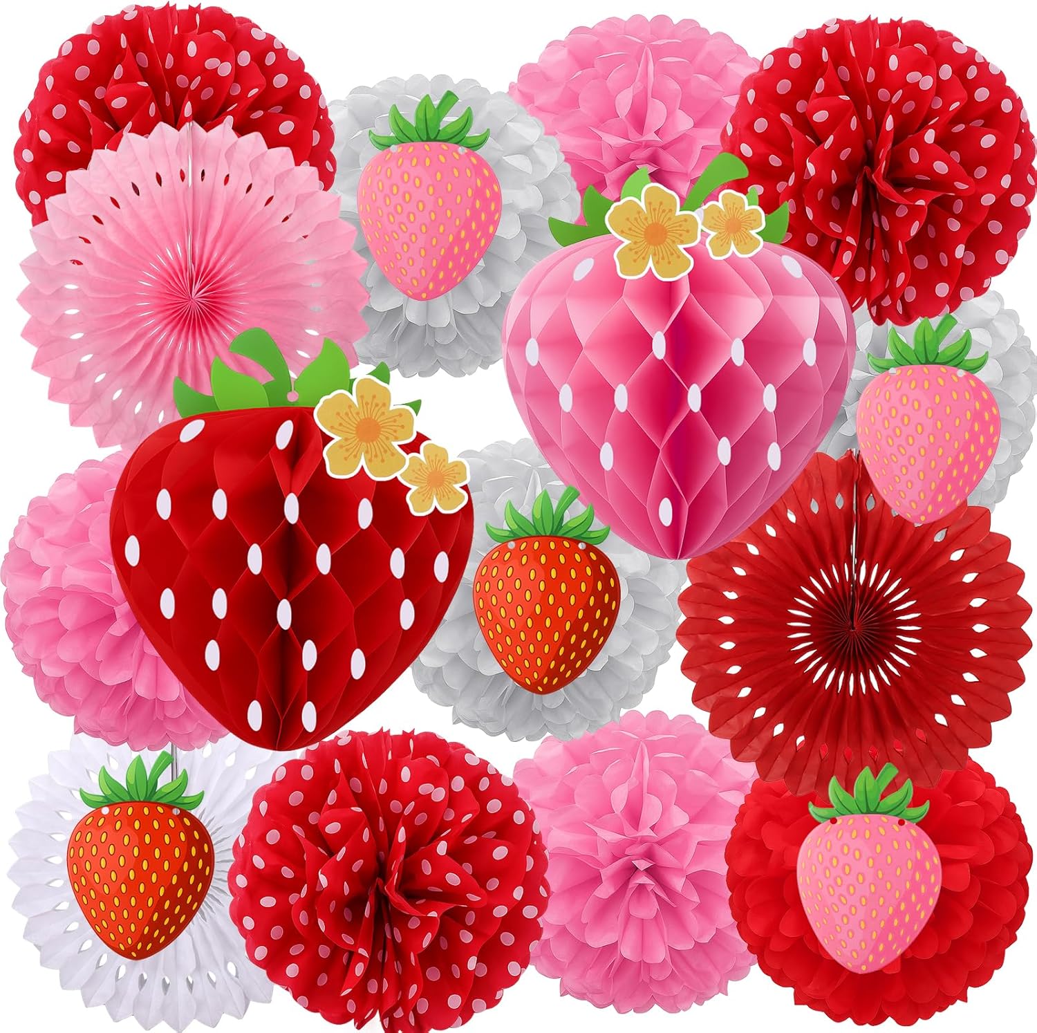15 Pcs Strawberry Paper Fan Tissue Pom Poms Party Decorations