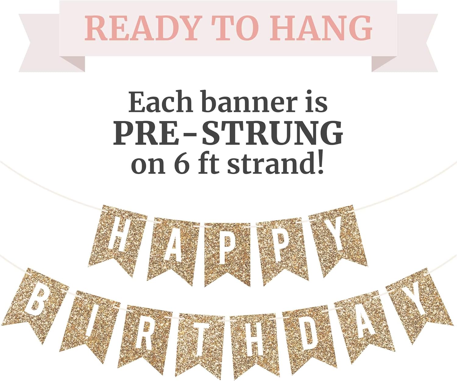 Pre-Strung Gold Glitter Happy Birthday Banner