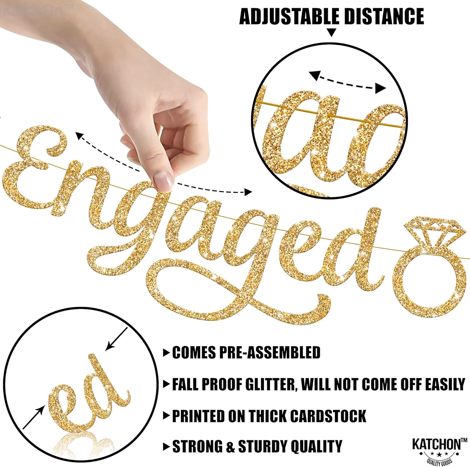 KatchOn Gold Glitter Engagement Photo Banner - 10 Feet 2 Strings No DIY
