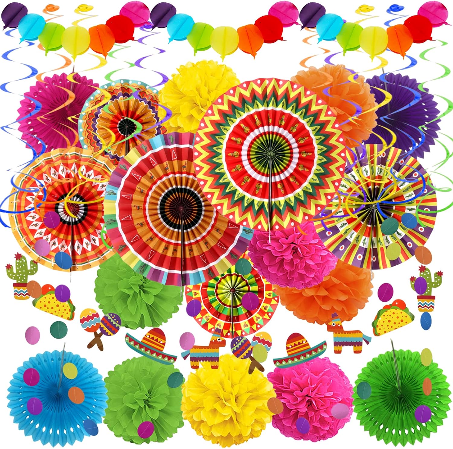 ZERODECO Fiesta Party Decor Kit with Fans Pom Poms Garland