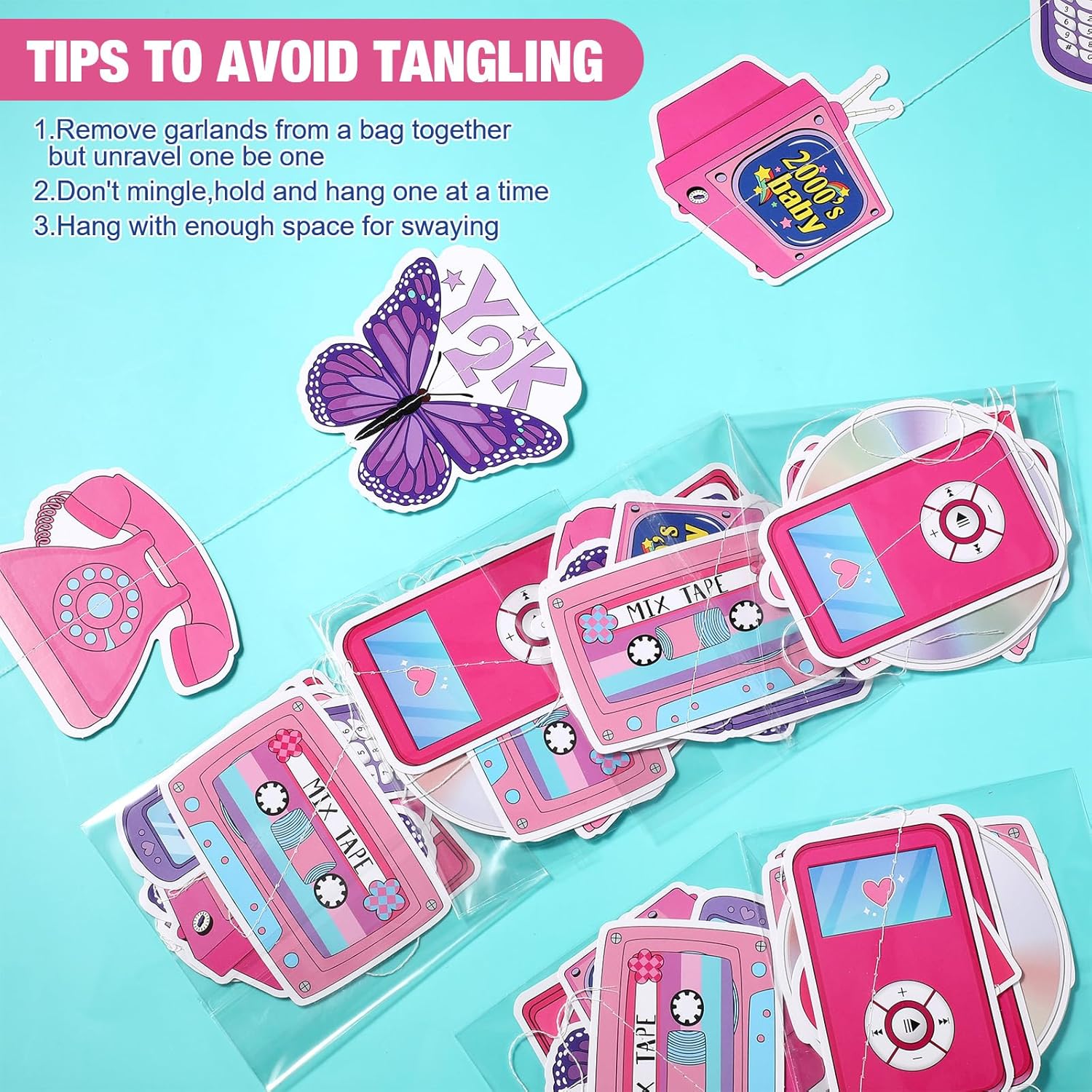 Spakon 8 Pack Y2k Pink Paper Banners Retro Garland Decorations