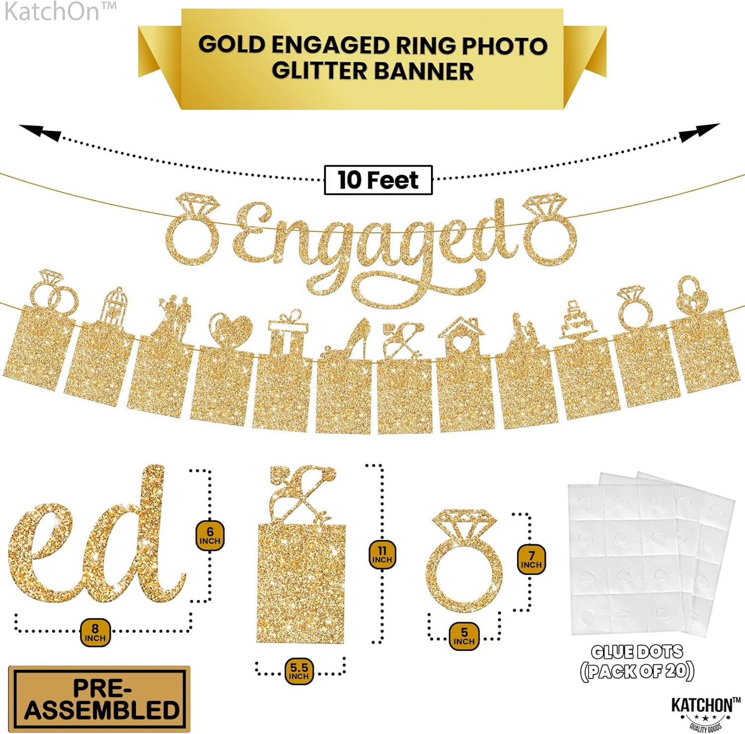 KatchOn Gold Glitter Engagement Photo Banner - 10 Feet 2 Strings No DIY