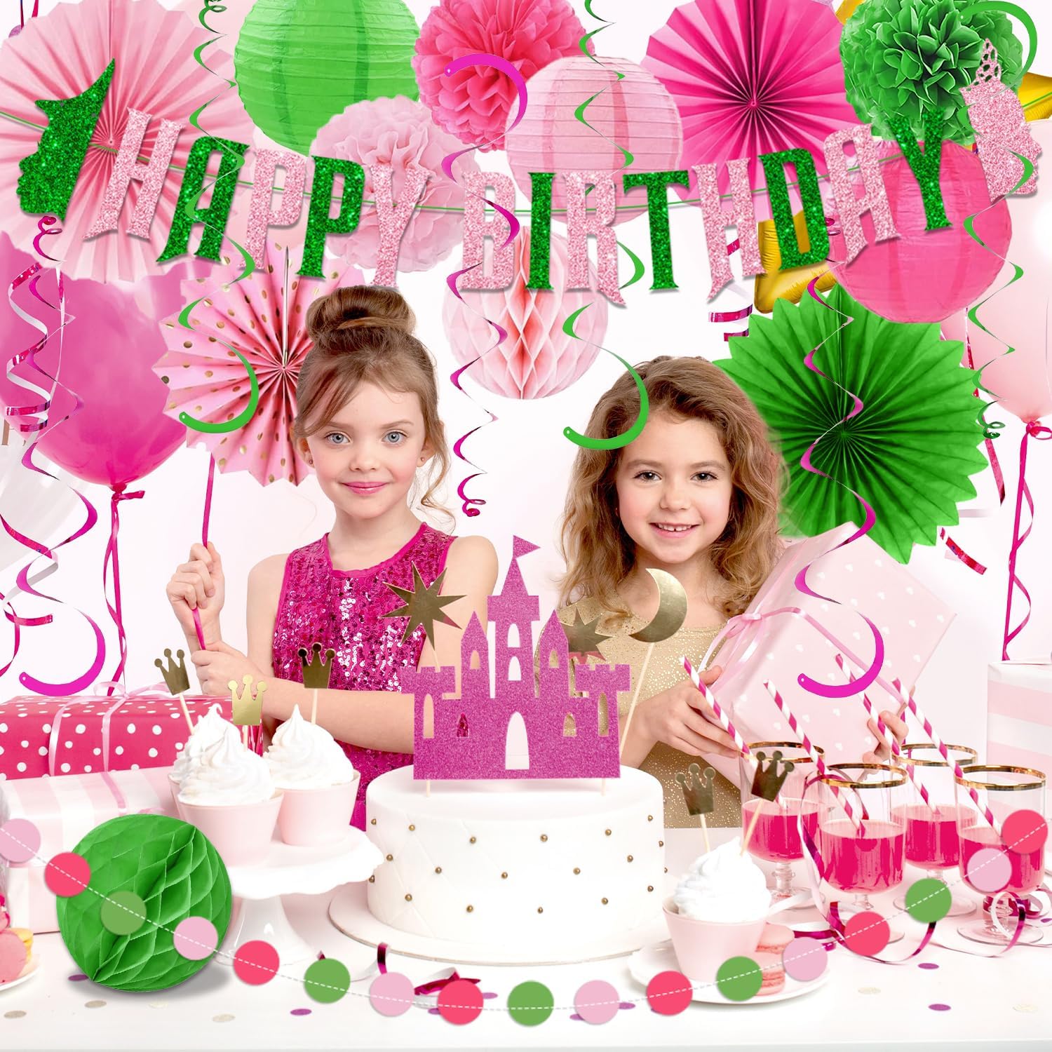 Pink Green Birthday Decorations Set Banner Pom Poms Fans Lanterns
