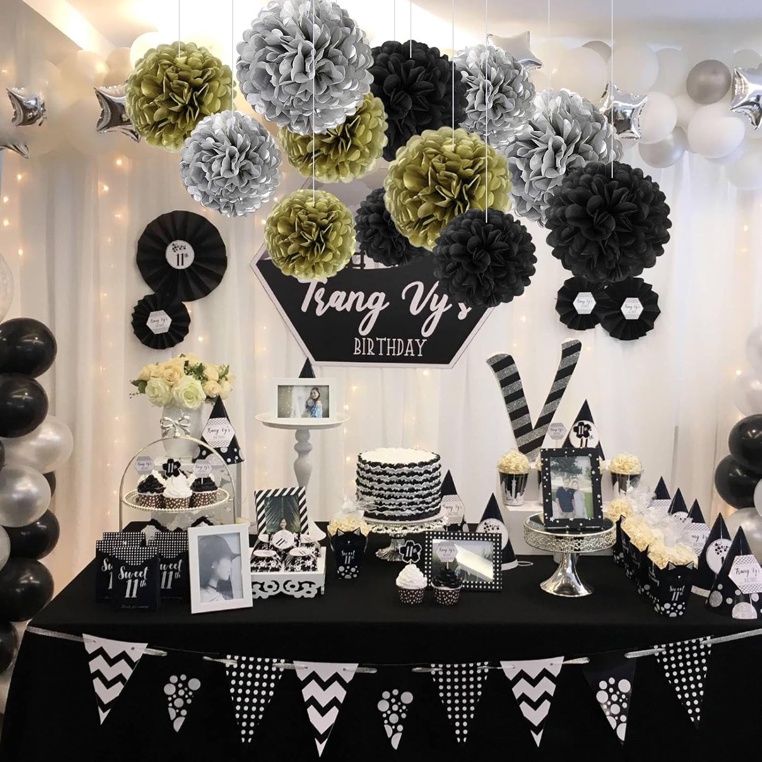 18 PCS Tissue Paper Pom Poms Decor Black Gold Silver