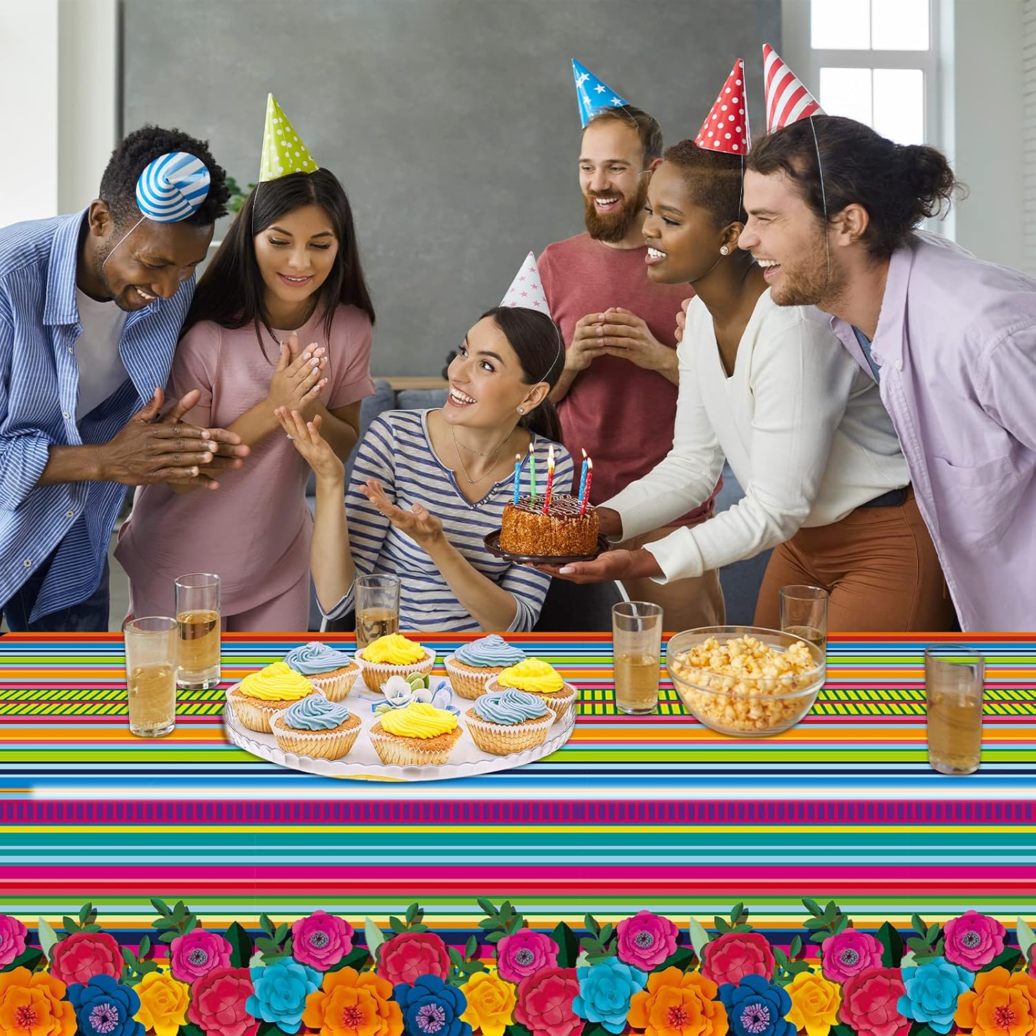 3 Pieces Mexican Fiesta Tablecovers Floral Stripes Party Decor