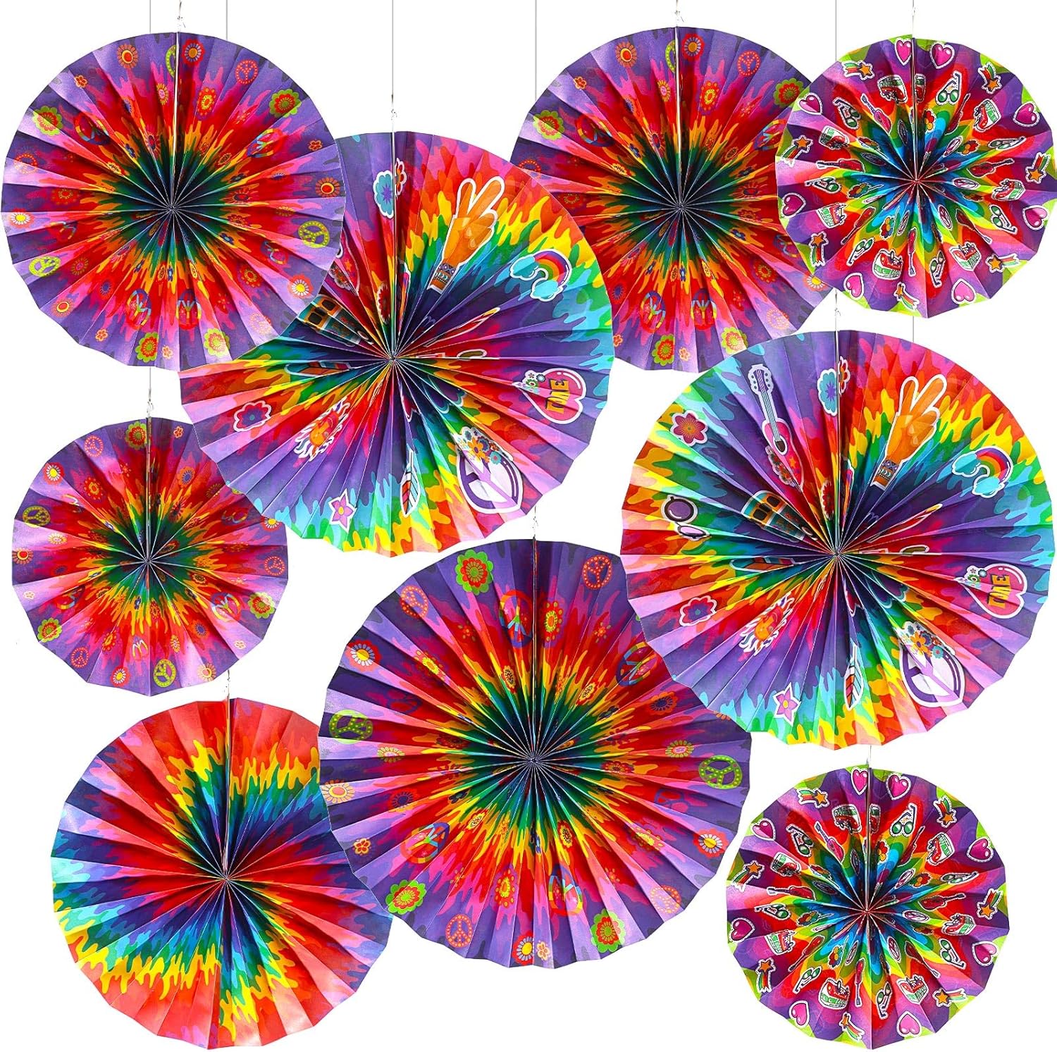 Outus 9 Pcs Tie Dye Party Fans Decorations