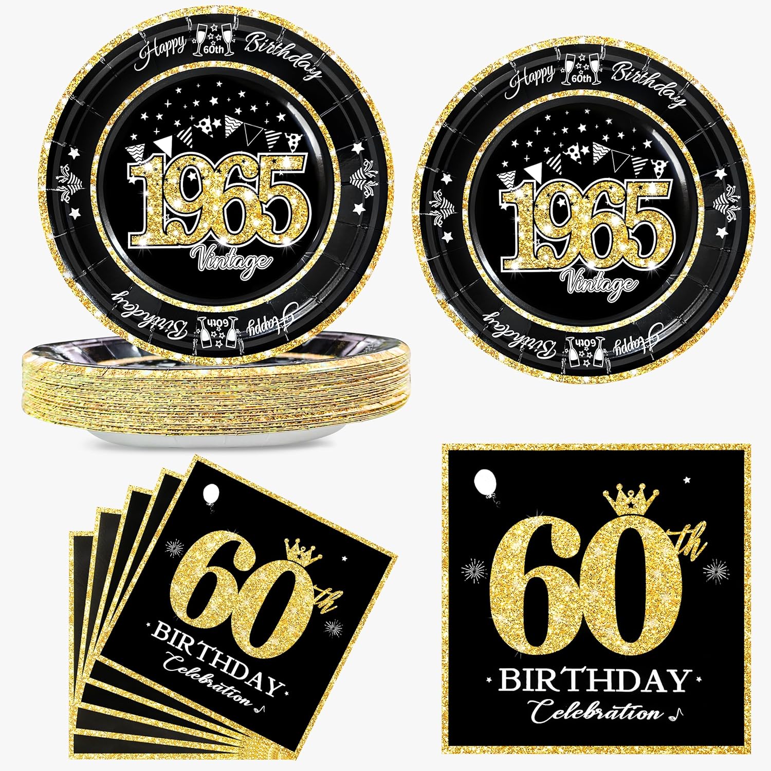 60th Birthday Plates and Napkins Set Black Gold