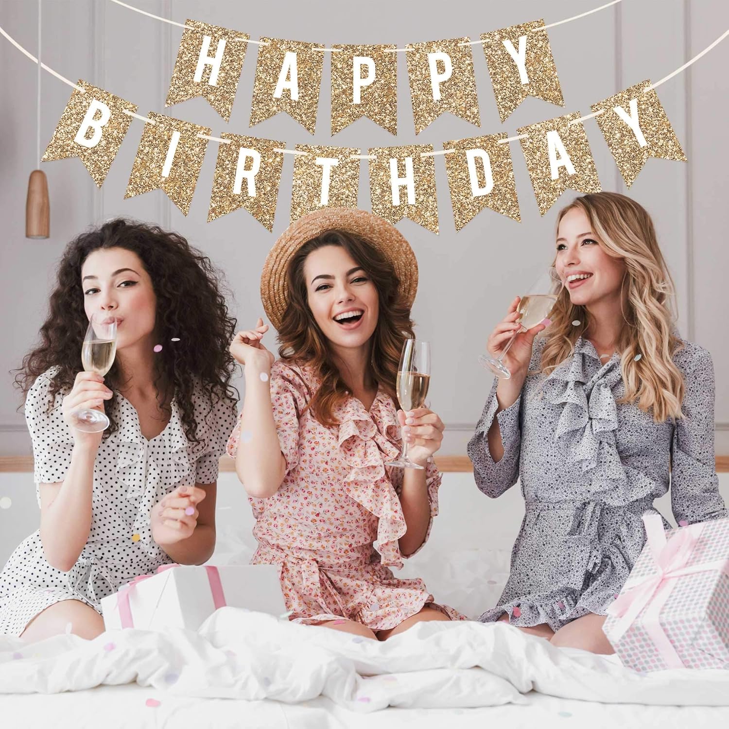 Pre-Strung Gold Glitter Happy Birthday Banner