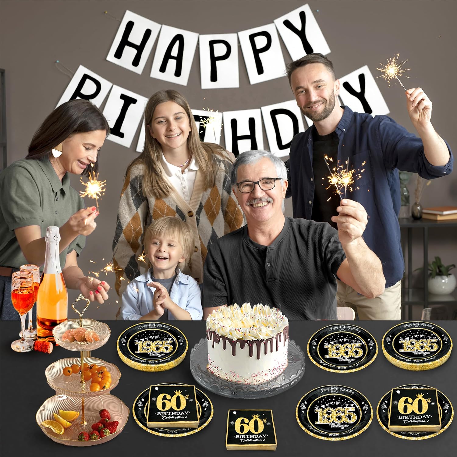 60th Birthday Plates and Napkins Set Black Gold