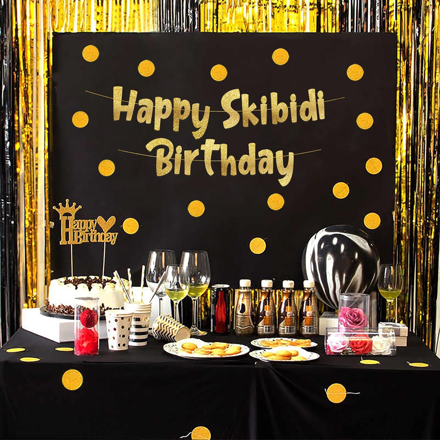 Happy Skibidi Birthday Gold Glitter Banner - Funny Zoomer Decor
