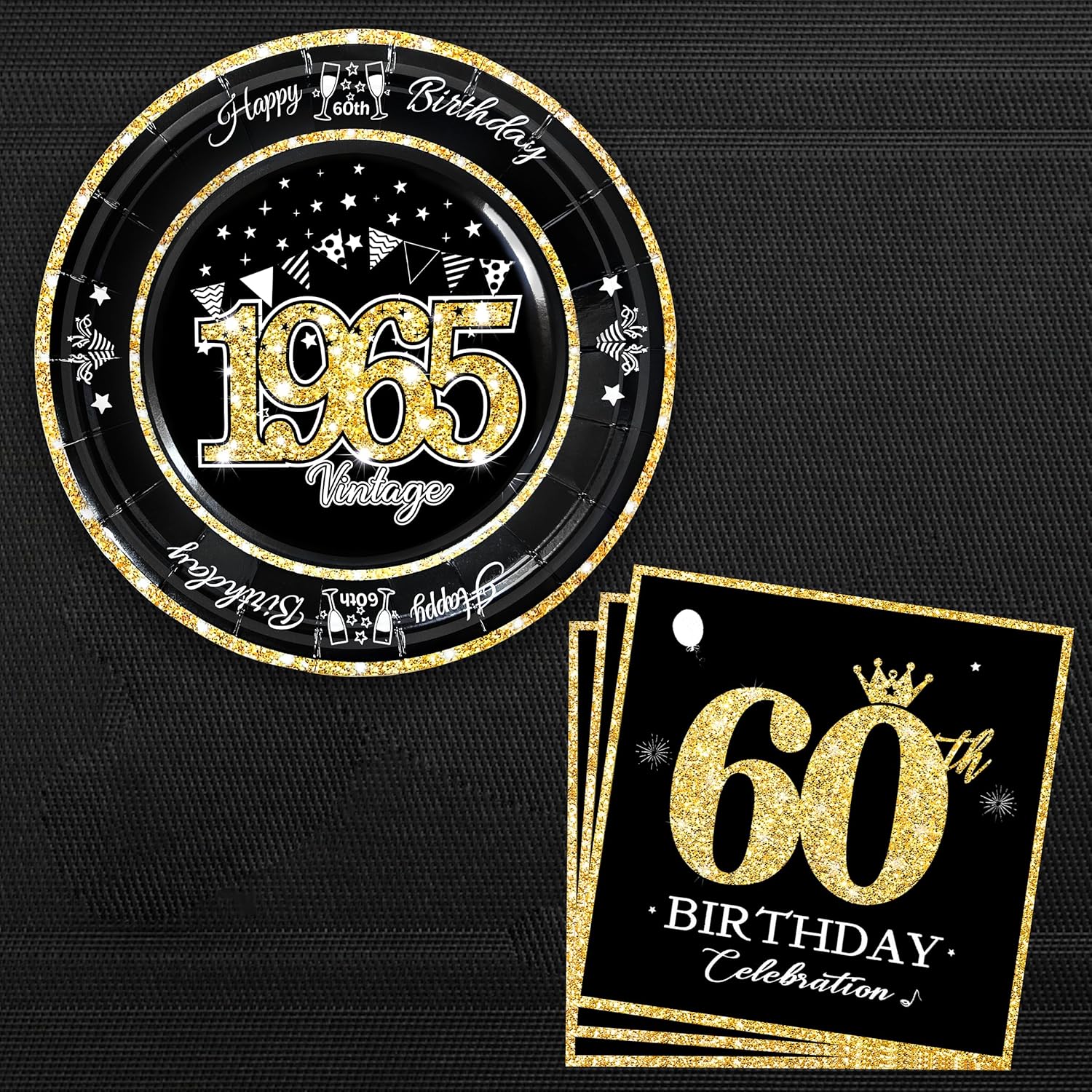 60th Birthday Plates and Napkins Set Black Gold