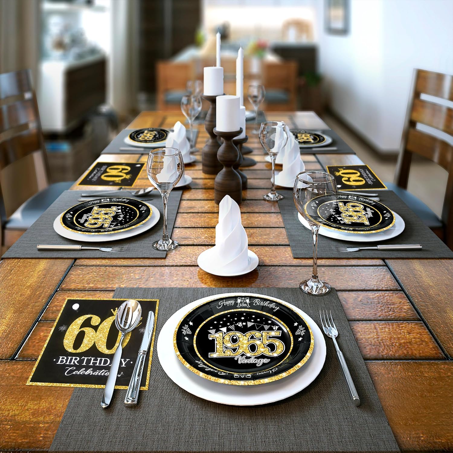 60th Birthday Plates and Napkins Set Black Gold