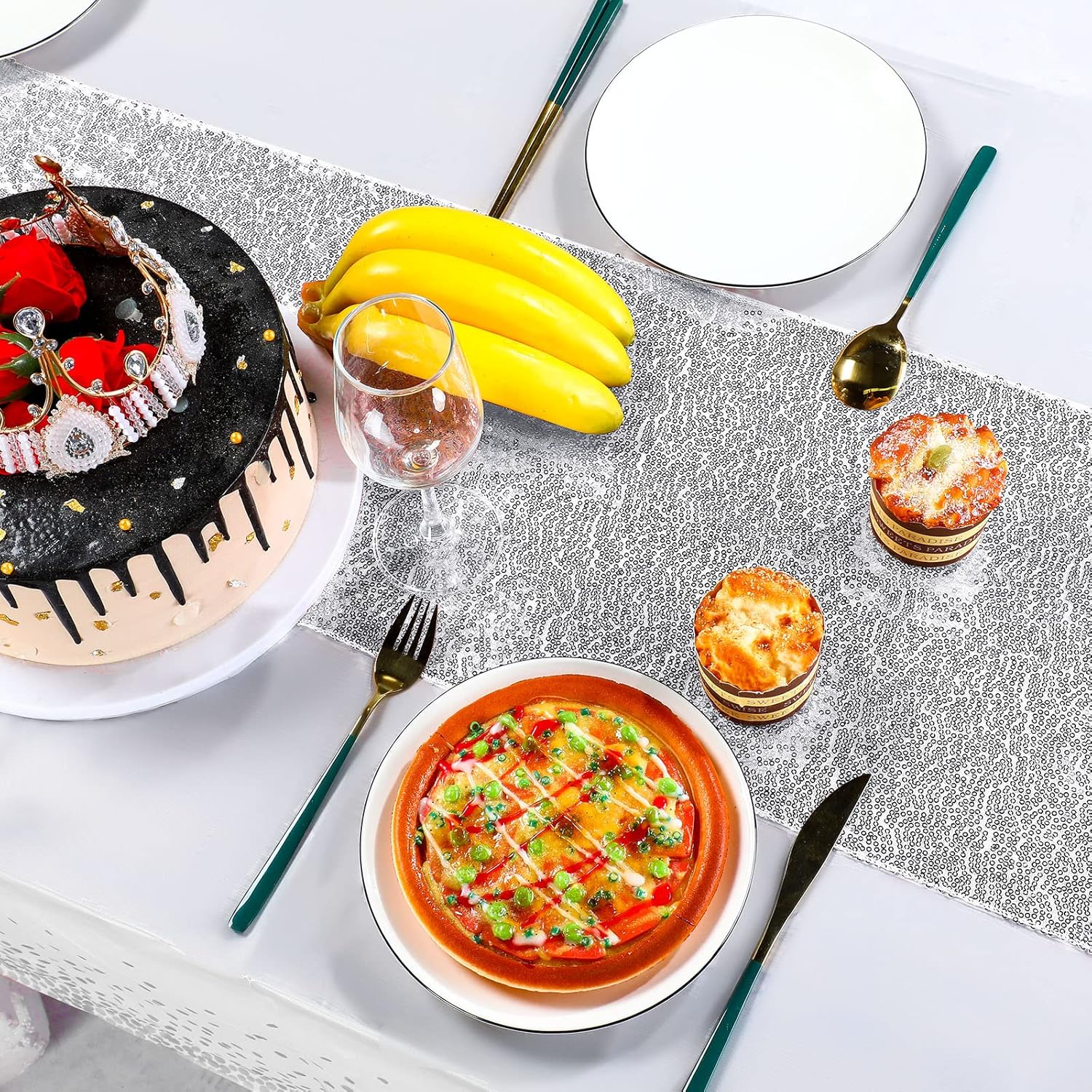 Irenare Tablecloth and Sequin Table Runner Set with Polka Dots and Glitter