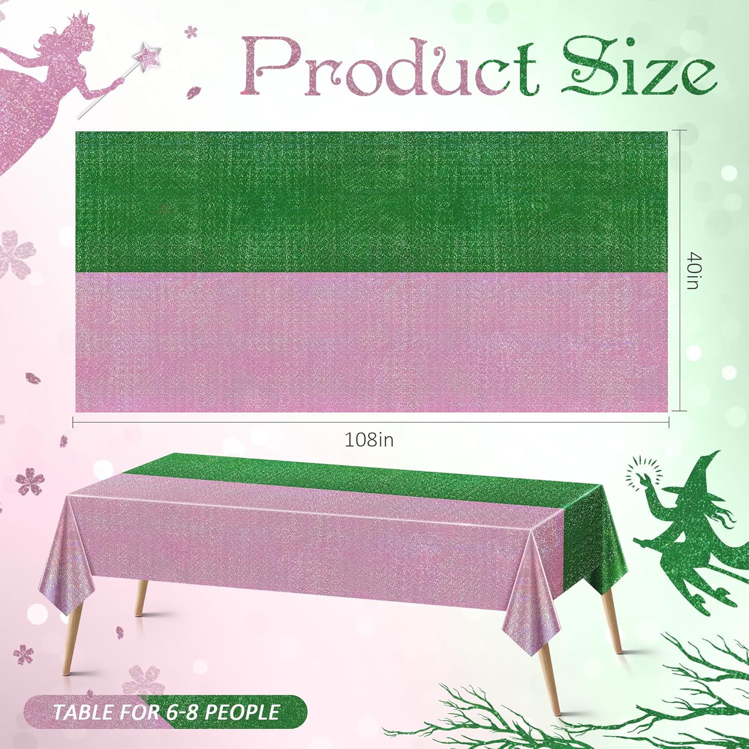 2 Pack Green Pale Pink Holographic Tablecloth 40x108
