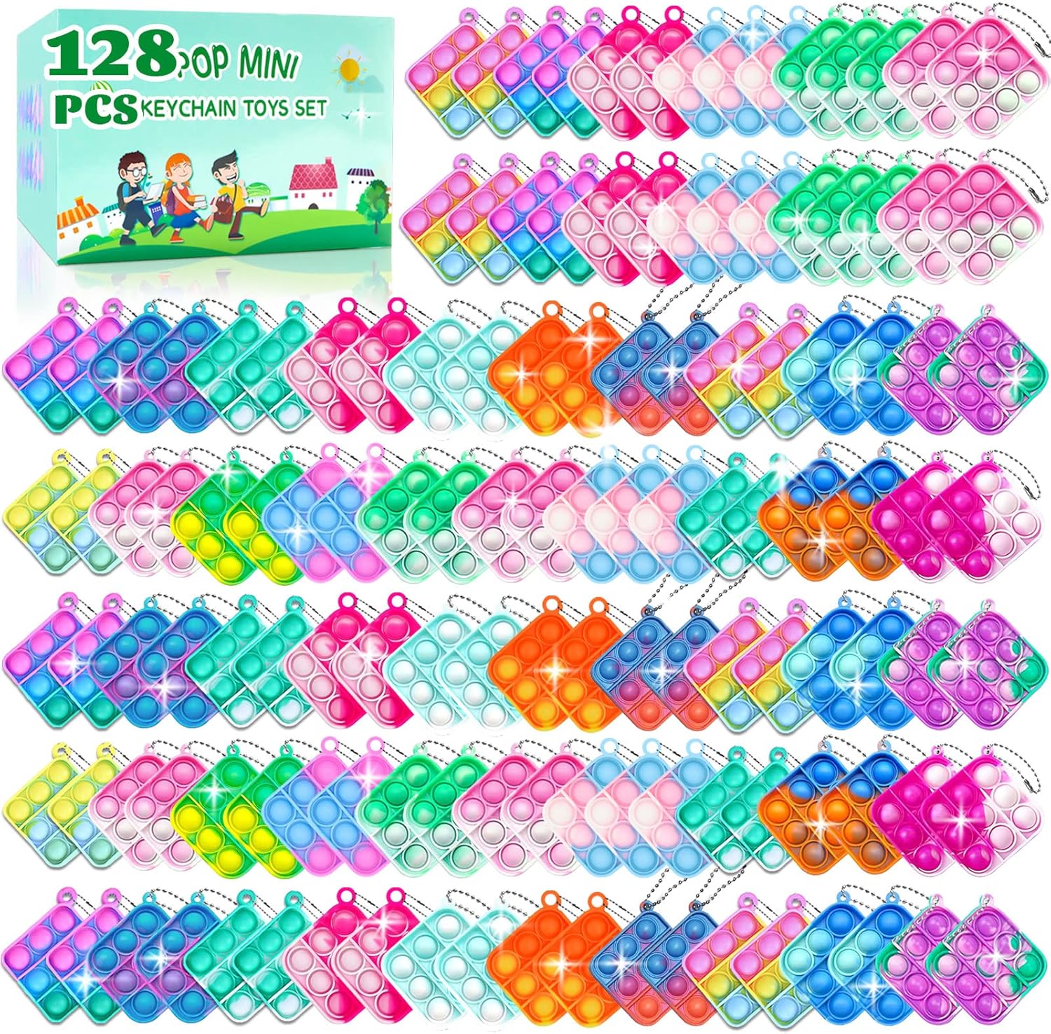 128 Pcs Pop Fidget Keychain Pack for Kids Adults