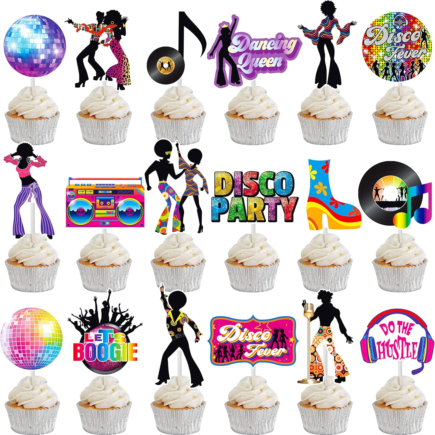 36pcs Disco Party Cupcake Toppers 70s 80s Decorations