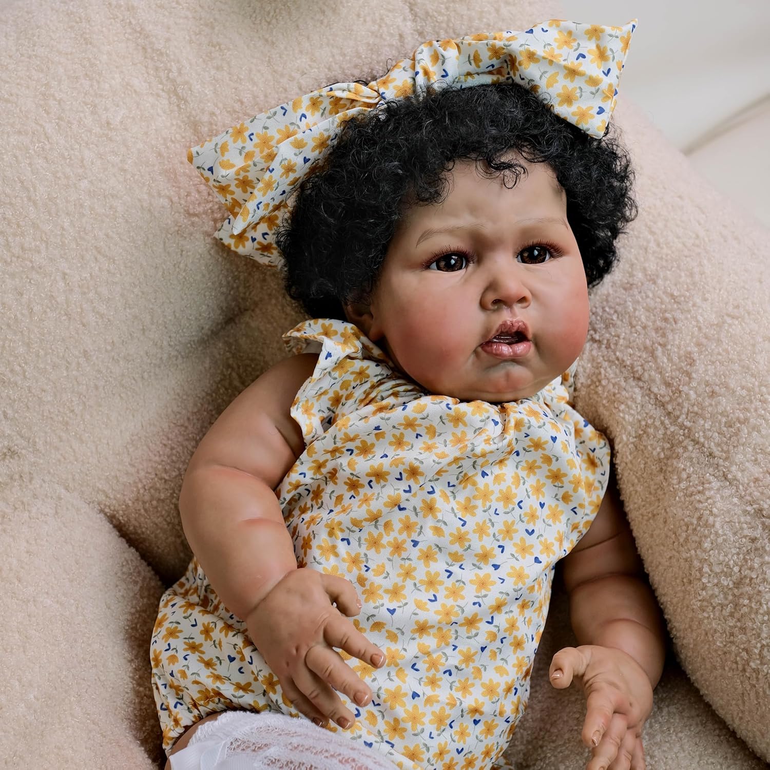24 Inch Reborn Baby Doll with Curly Hair and Brown Skin