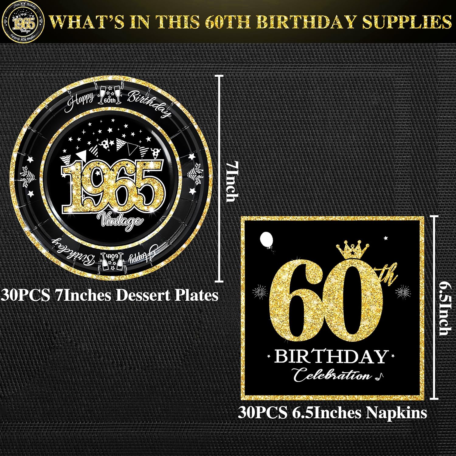 60th Birthday Plates and Napkins Set Black Gold