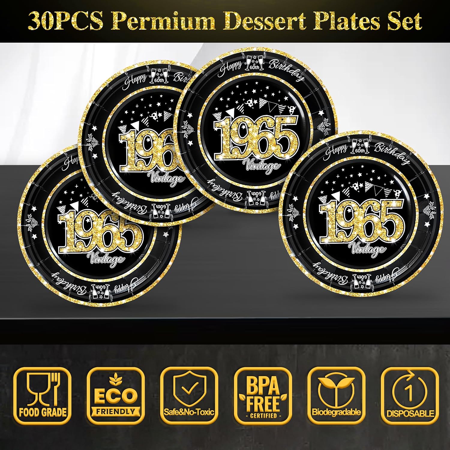 60th Birthday Plates and Napkins Set Black Gold