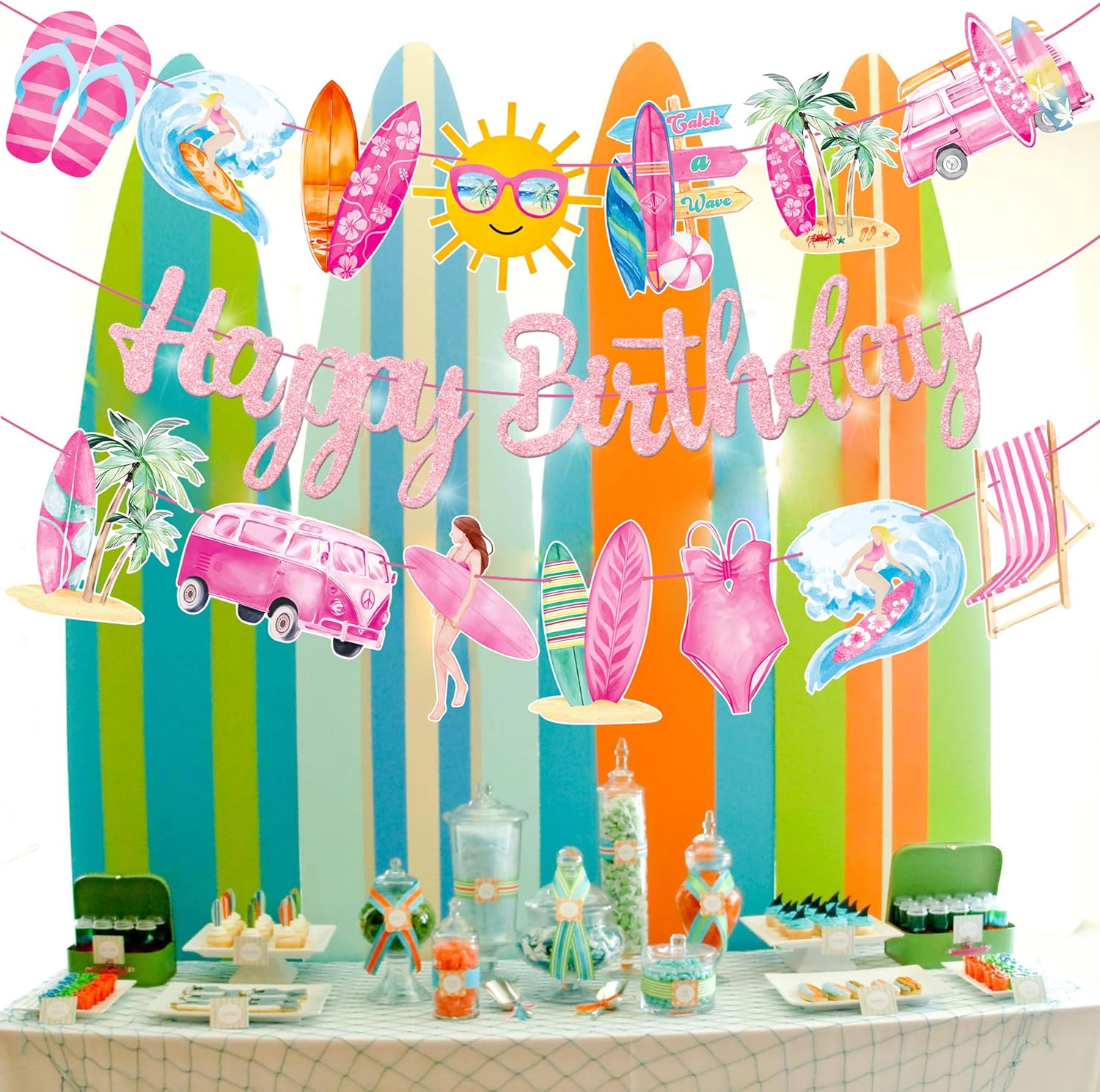 3Pcs Pink Glitter Surf Party Banners for Girls