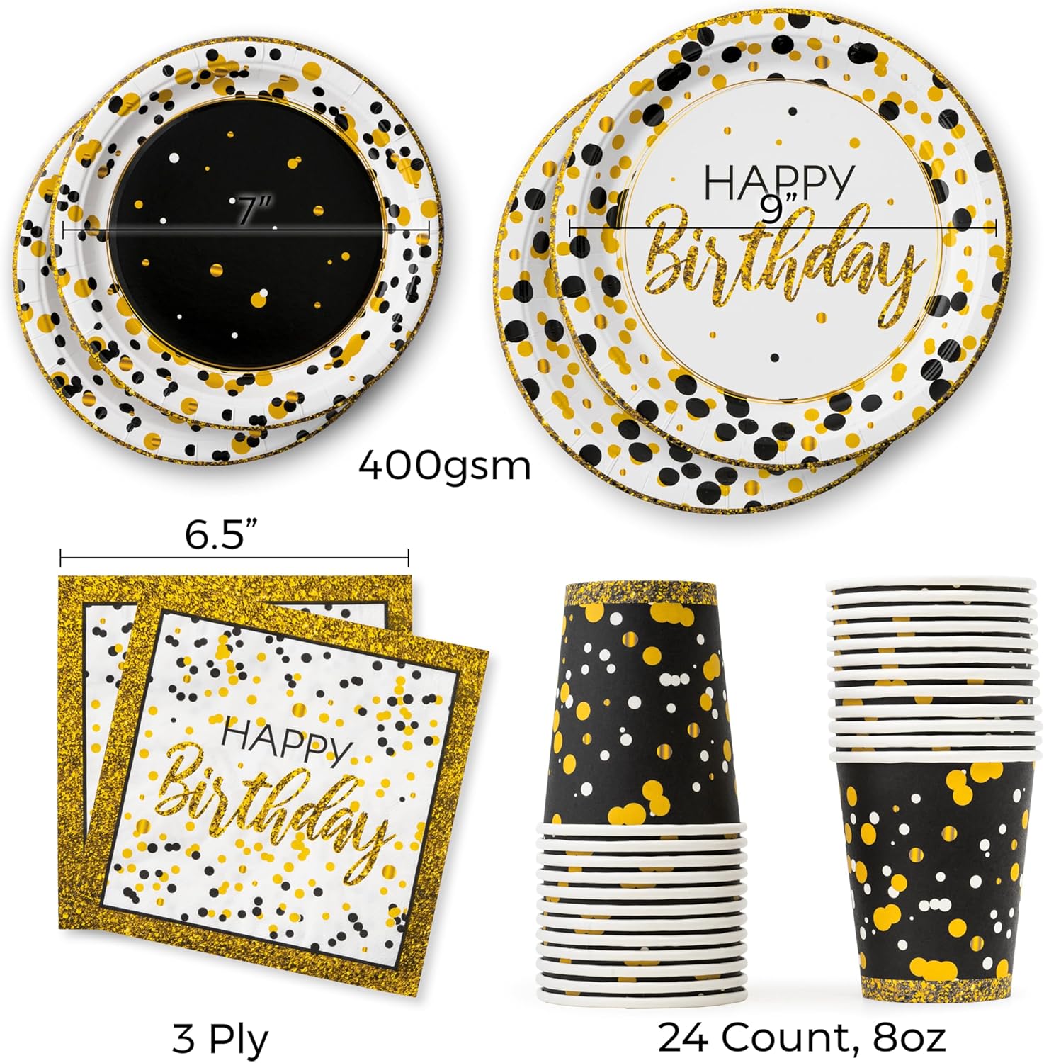 Royal Bluebonnet Black and Gold Birthday Plates Set of 24