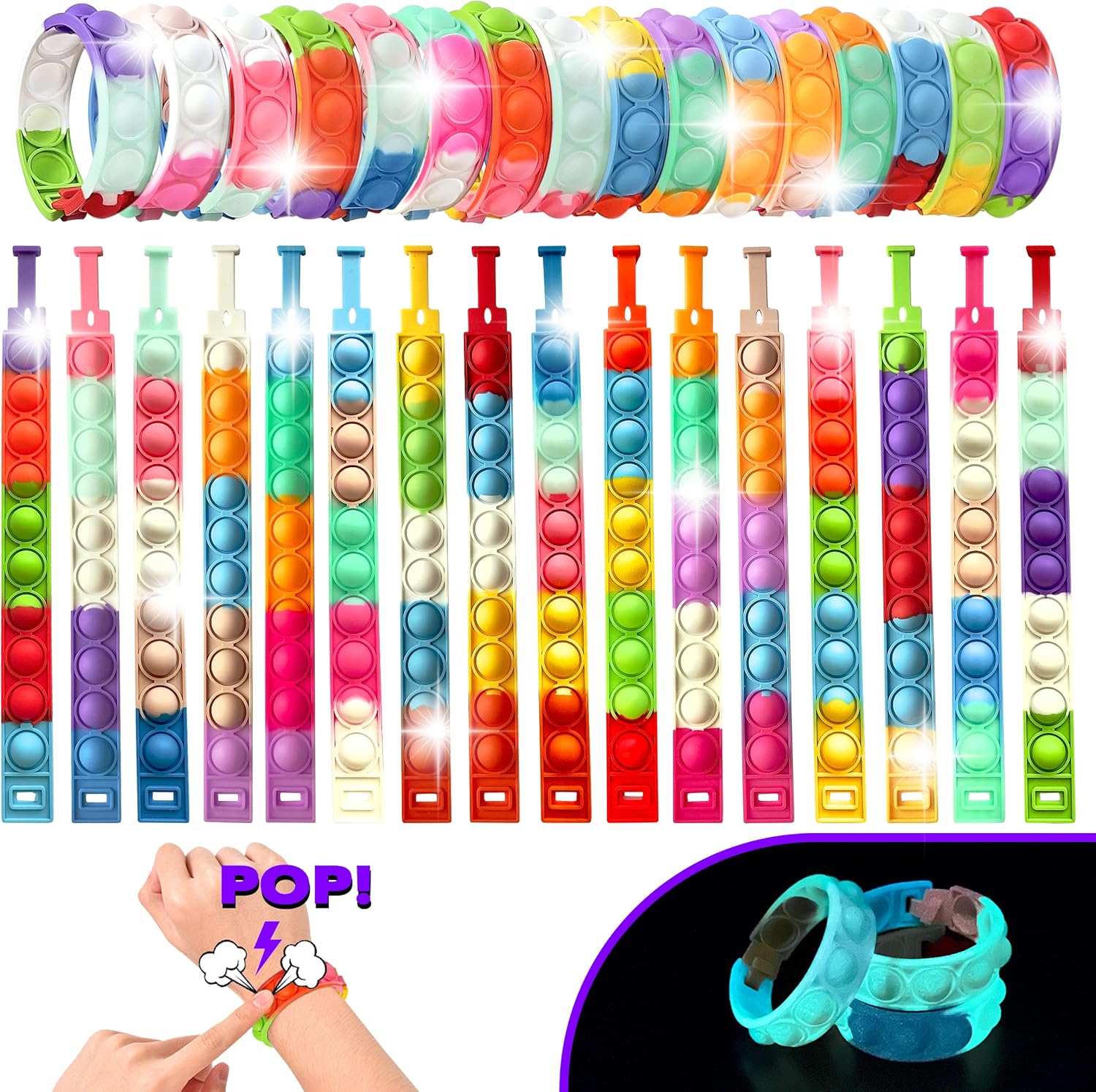TwCare 32 PCS Glow in the Dark Pop It Fidget Bracelets Set