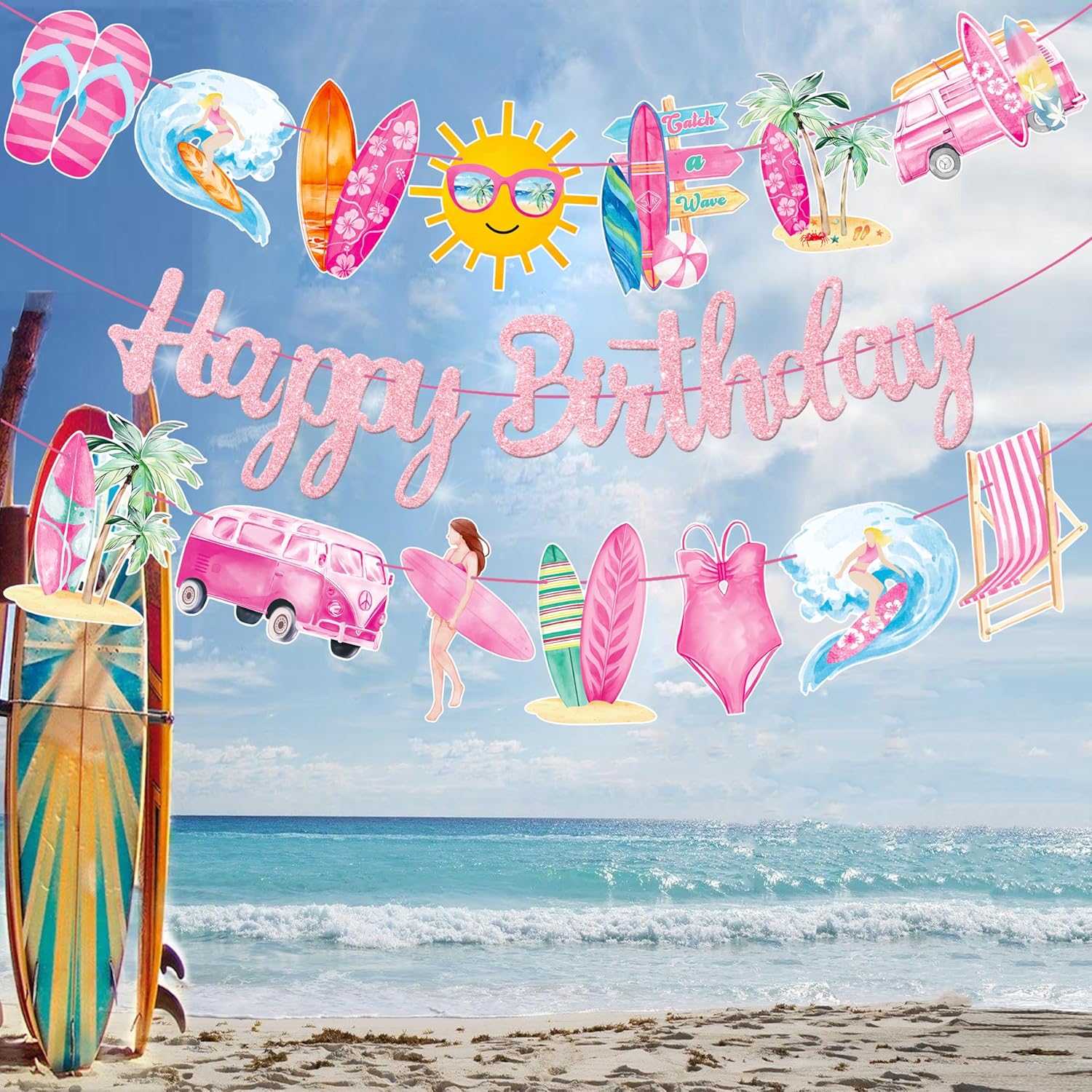 3Pcs Pink Glitter Surf Party Banners for Girls