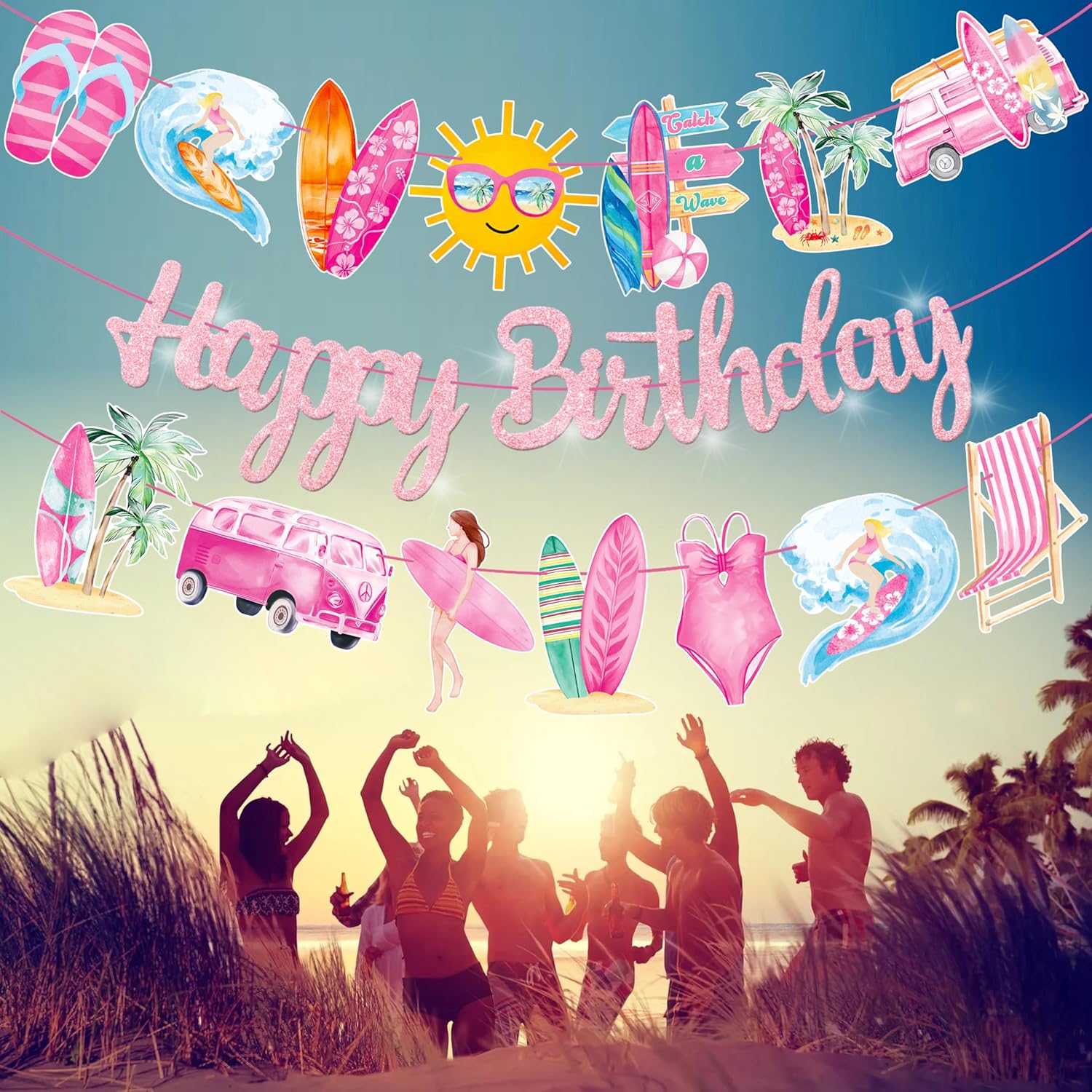 3Pcs Pink Glitter Surf Party Banners for Girls