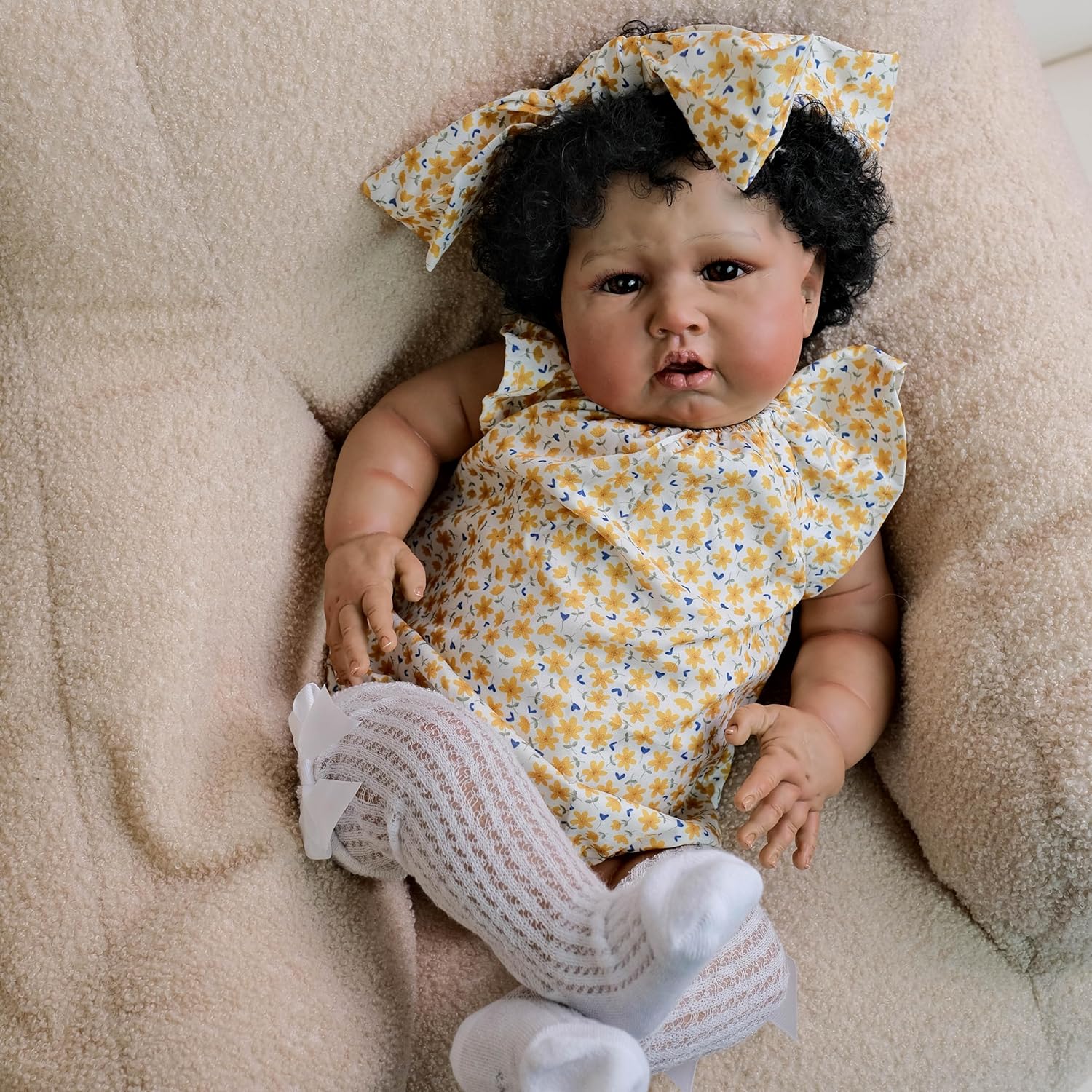 24 Inch Reborn Baby Doll with Curly Hair and Brown Skin