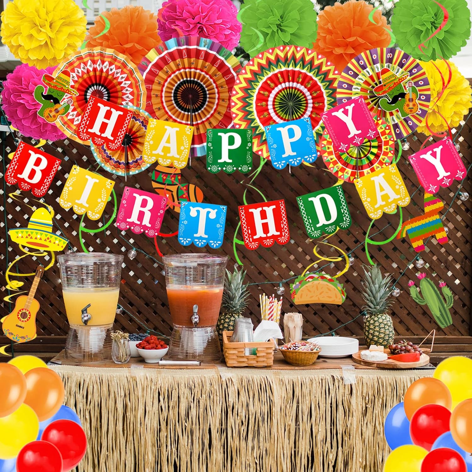 Fiesta Birthday Decor Set with Balloons and Pompoms