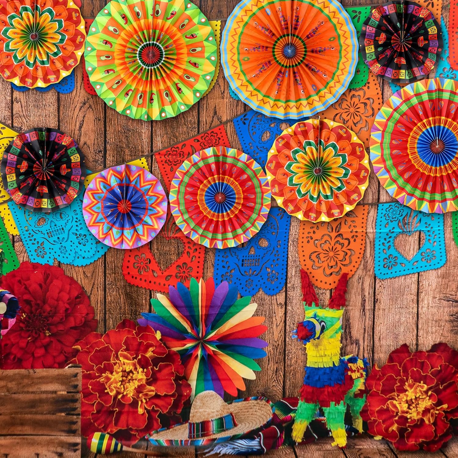 Outus 9 Pcs Mexican Fiesta Hanging Paper Fans Decorations