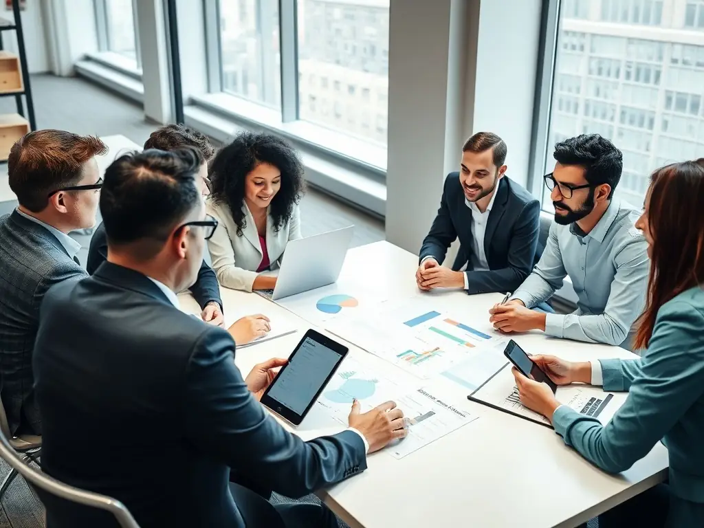 An image showcasing a team of consultants working with a client on digital transformation strategies, discussing data and analytics on a large screen.