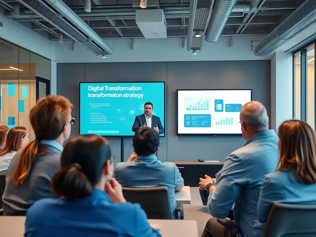 A professional consultant is presenting a digital transformation strategy to a client in a modern office setting, emphasizing the use of cloud computing and data analytics.