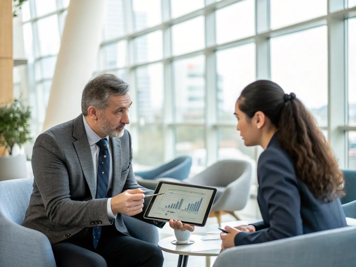 A professional setting showing a consultant explaining AI-driven insights on a dashboard to a client, emphasizing data-driven decision-making.