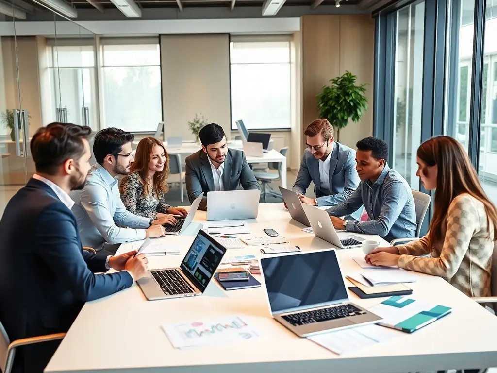 A modern office environment with consultants collaborating on a project, emphasizing innovation and teamwork.