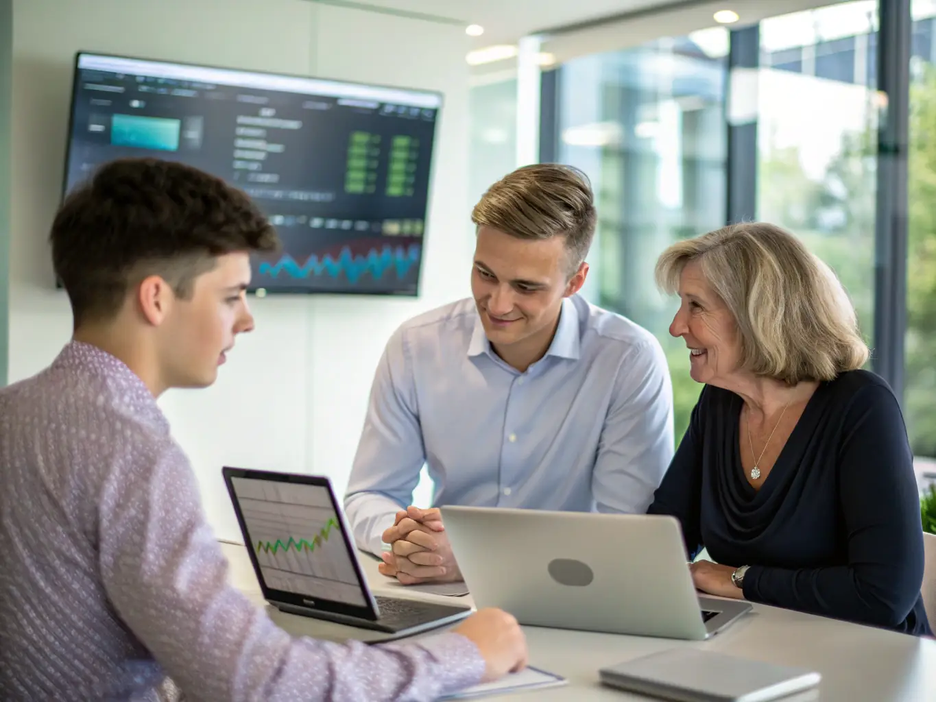 A professional consultant is advising a client in a modern office setting, discussing digital transformation strategies with charts and data visualizations displayed on a large screen in the background.
