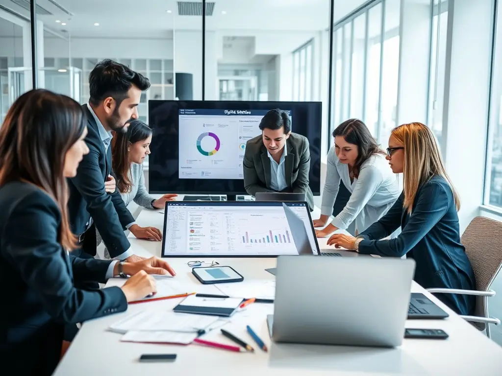 A diverse team of IT consultants is collaborating on a strategic technology implementation plan in a collaborative workspace, using visual aids and project management tools.