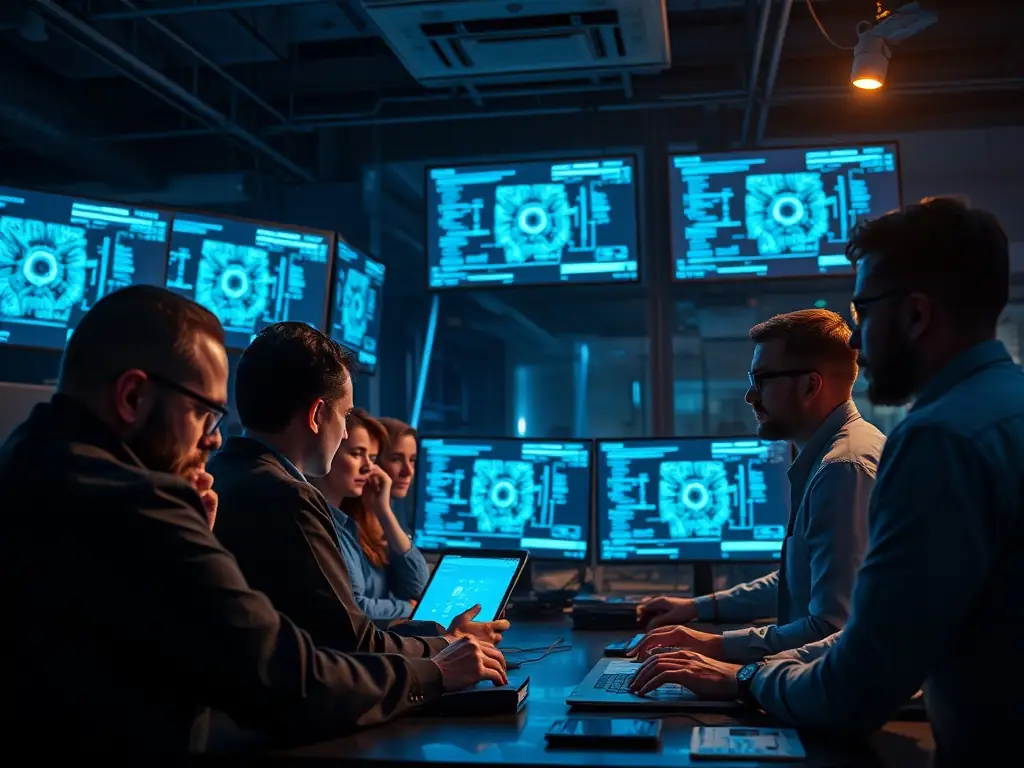 A team of data scientists collaborating on an AI project, with complex algorithms and data streams visualized on multiple monitors in a brightly lit, collaborative workspace.
